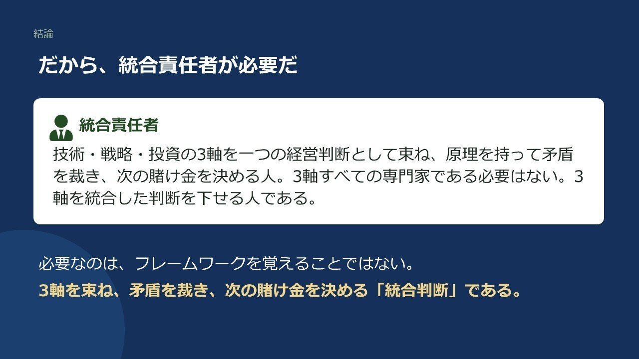 登壇資料のスライド:第2回の結論:3軸を束ねる「統合判断」を担う人が要る