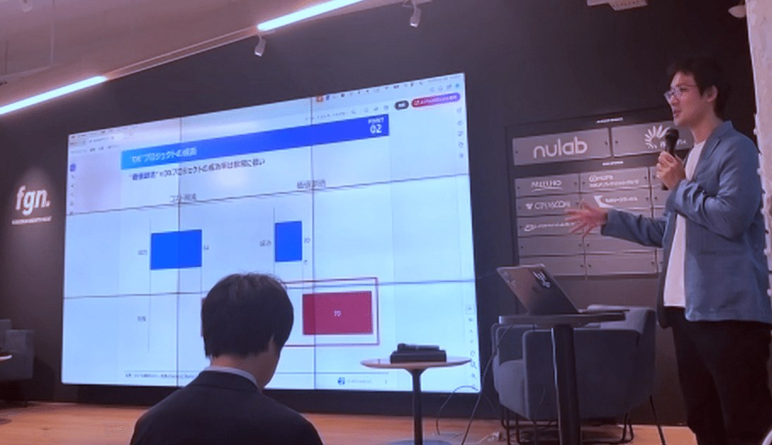 DXプロジェクトの領域と成果を示すスライドを背景に、登壇者がマイクを持って説明している様子